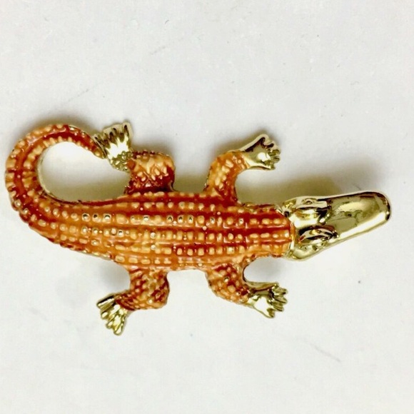 Rare Vintage Gerry’s Gold Brown Enamel Alligator Saltwater Crocodile Mini Brooch - Picture 2 of 6